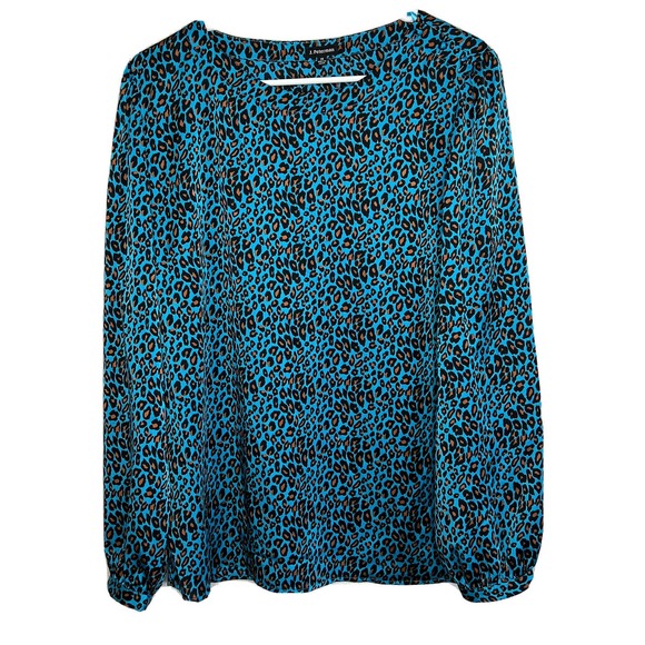 J Peterman shirt Blue Brown Leopard Animal Print Top Size 14 Career Office Ad2 - Picture 1 of 7